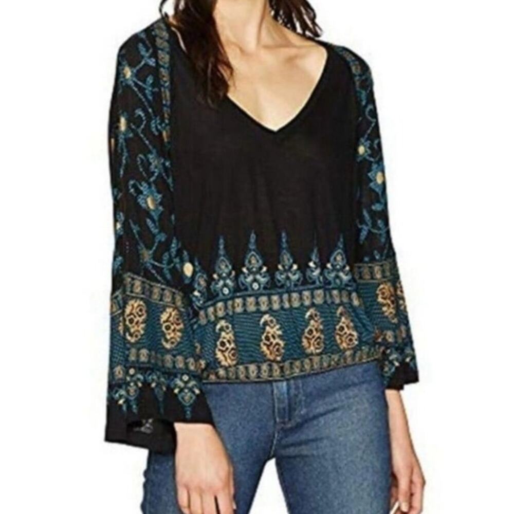 Free People lyocell bohemian medallian print blouse bell sleeve top soft grey
